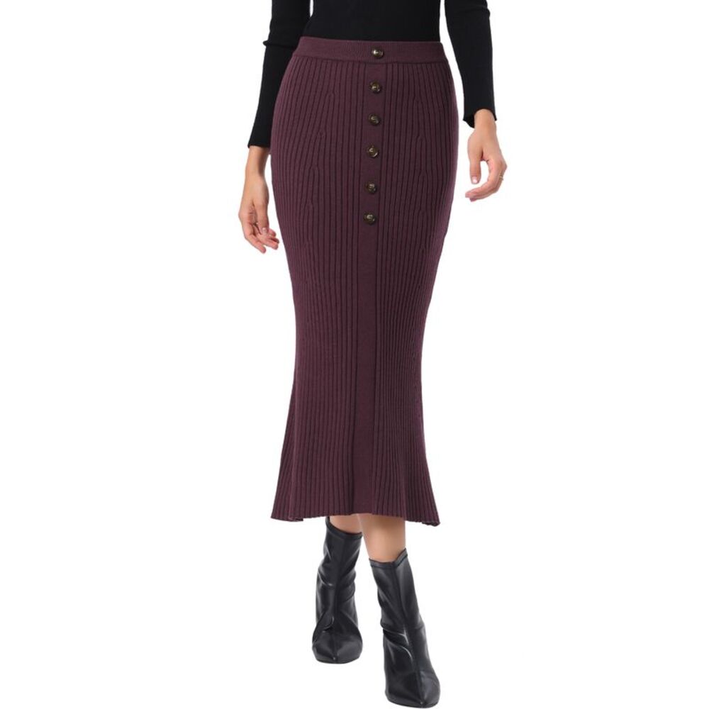 Women's Elastic Waist Fishtail Knit Maxi Sweater Skirt Deep Purple Red